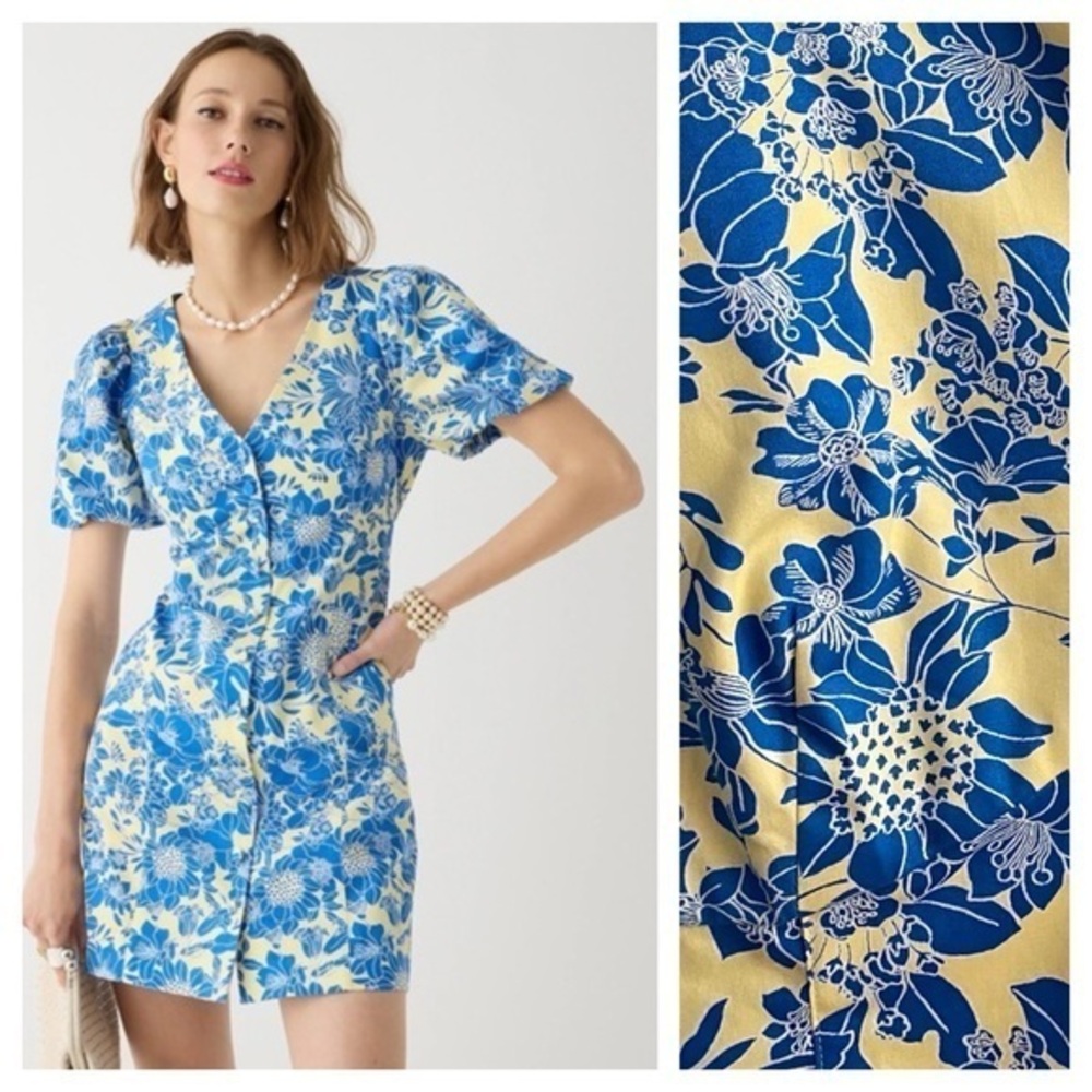 J. Crew Blue Floral Puff Sleeve Mini Dress Plus Size 22